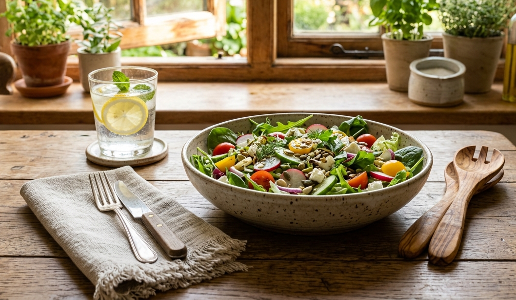 Gemütlicher Restauranttisch mit leichtem Salat und Wasser