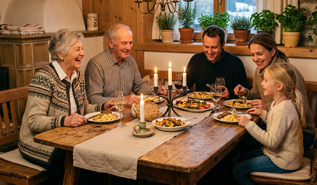 Familie teilt verschiedene Gerichte an einem Holztisch